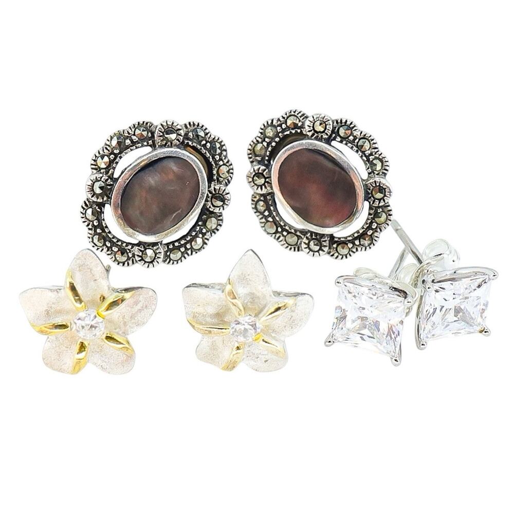 Lot Of 3 925 Sterling Silver Stud Earrings Art Deco Cubic Zirconia Floral